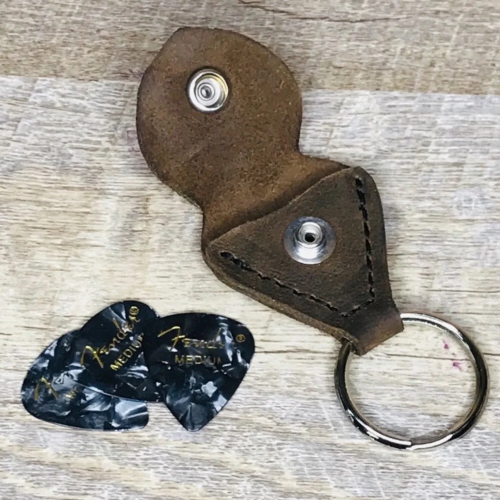 Leather Guitar Pick holder keychain smooth brown oil tan